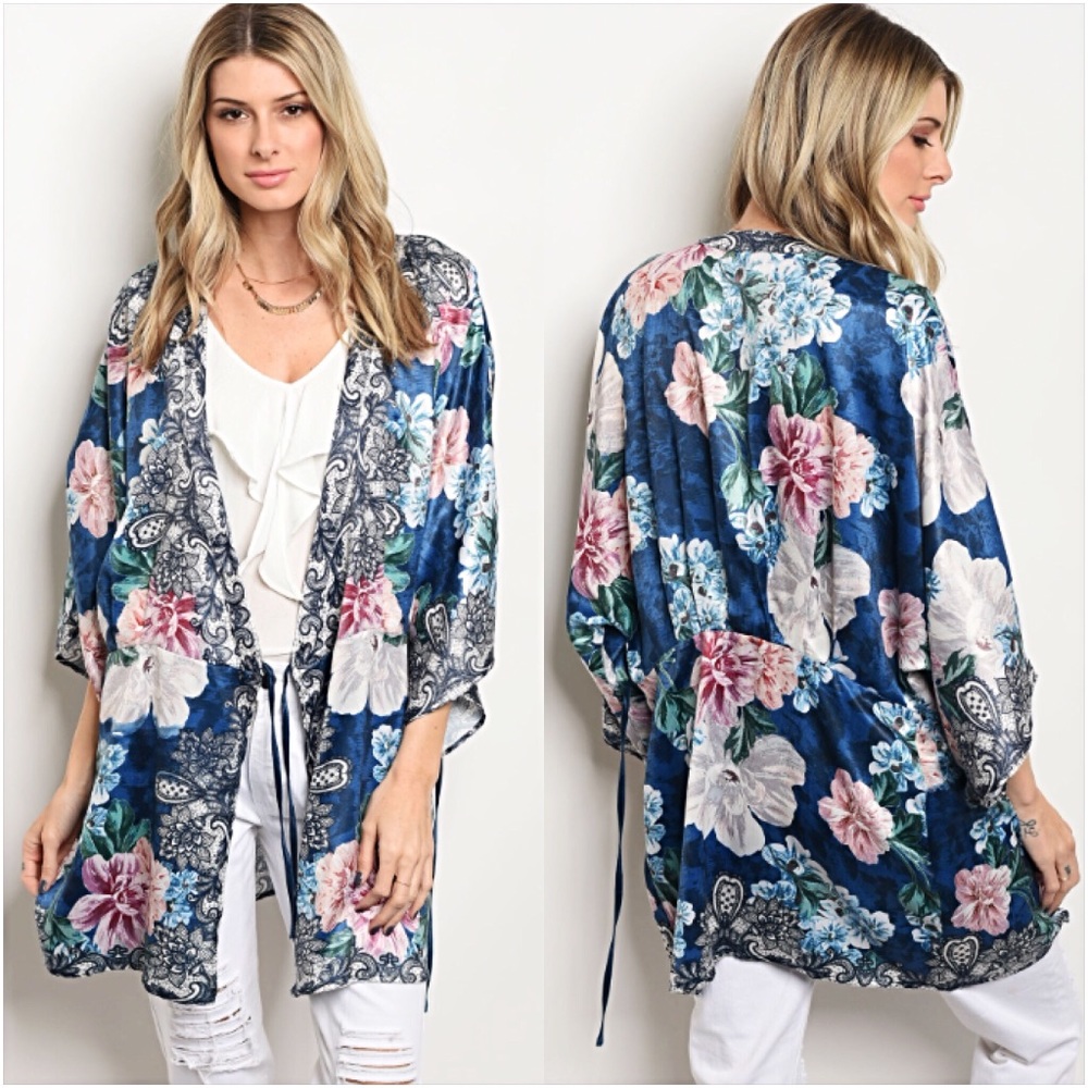Boho Silky Floral Kimono Wrap Coverup LxL - Picture 2 of 7